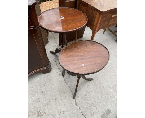 A 19TH CENTURY MAHOGANY DISHED TOP TRIPOD TABLE ON OAK BASE, 19.5" DIAMETER TOGETHER WITH AN OVAL REPRODUCTION TABLE 