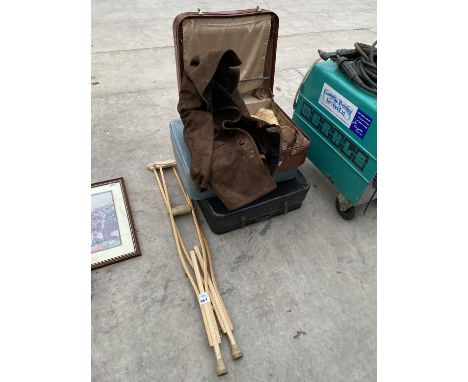 THREE VINTAGE SUITCASES, A GENT'S COAT, VINTAGE TEDDY BEARS, CRUTCHES ETC 
