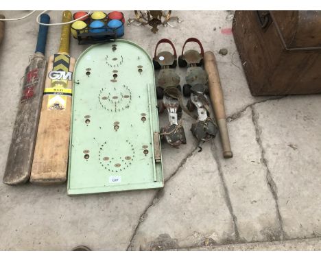 A COLLECTION OF VINTAGE ITEMS TO INCLUDE BAGATELLE BOARD, ROLLER SKATES, CRICKET BATS ETC. 