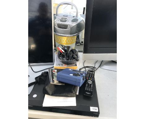 AN ASSORTMENT OF ELECTRICALS TO INCLUDE A FREESAT BOX, HEADPHONES AND CD PLAYER ETC 