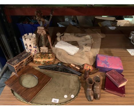 VARIOUS ITEMS TO INCLUDE A VINTAGE WOODEN MONEY BOX AND A LARGE TRAY ETC 