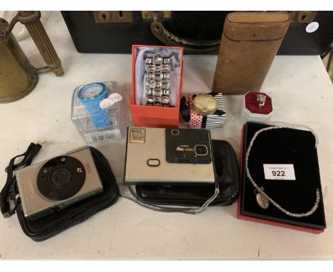 AN ASSORTMENT OF ITEMS TO INCLUDE TWO CAMERAS, A WRISTWATCH AND A WIDE BANGLE ETC 