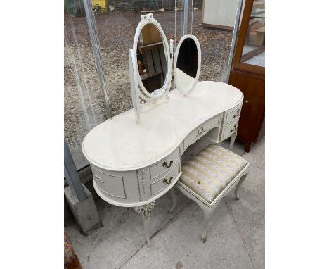 A MODERN CREAM AND GILT KIDNEY SHAPED DRESSING TABLE WITH TRIPLE MIRROR AND STOOL 