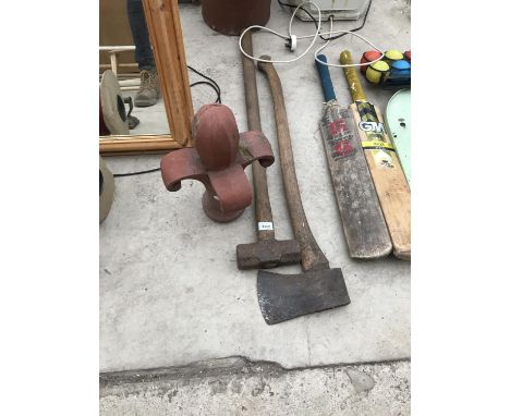 THREE ITEMS TO INCLUDE A SLEDGE HAMMER, LARGE AXE AND ROOF FINIAL (A/F) 