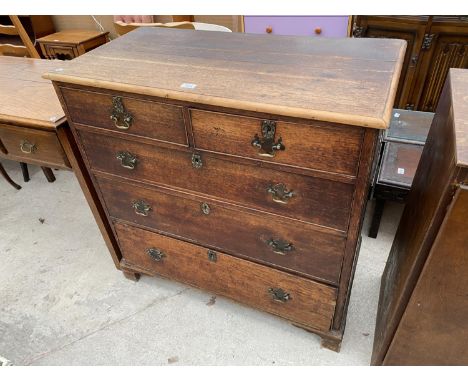 A GEORGE III OAK CHEST OF TWO SHORT AND THREE LONG DRAWERS, ON BRACKET FEET, 37.5" WIDE 