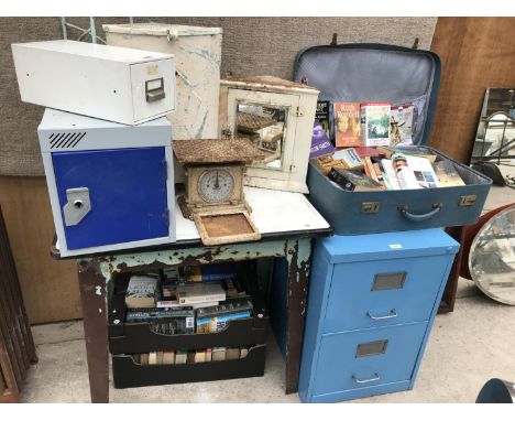 A LARGE GROUP LOT TO INCLUDE VINTAGE TWO DRAWER FILING CABINET, A COLLECTION OF BOOKS, SCALES, SINGLE DRAWER FILING CABINET E