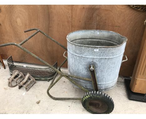 A VINTAGE FEED BIN COMPLETE WITH VINTAGE TROLLEY 