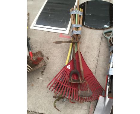 VARIOUS GARDEN TOOLS - RAKE, HOES ETC 