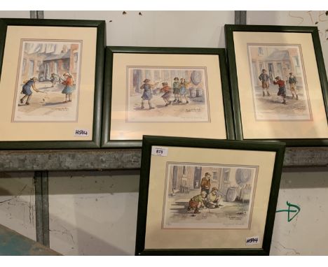 FOUR FRAMED AND SIGNED MARGARET CLARKSON PRINTS OF CHILDREN PLAYING IN THE SCHOOL YARD 