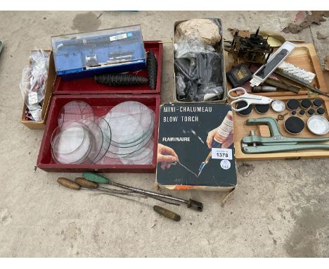 VARIOUS WATCHMAKER'S TOOLS AND PARTS - LENS PRESS, LENSES, BLOW TORCH ETC 