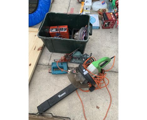 A HEDGE TRIMMER, JIGSAW, SANDER, BATTERY CHARGER ETC 