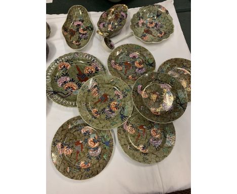 ELEVEN PIECES OF SPODE TO INCLUDE SIX SIDE PLATES, A DECORATIVE PLATE, DISHES AND LIDDED DISH WITH LADLE 