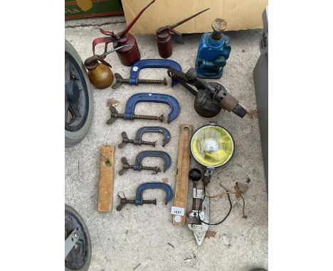 VINTAGE TOOLS - FIVE RECORD G CLAMPS, OIL CANS, A JACK, BLOW TORCH, PIPE CUTTER ETC 