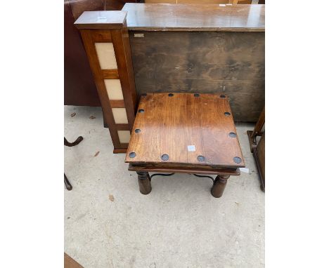 AN INDONESIAN WOOD CD CABINET AND SMALL SQUARE COFFEE TABLE 