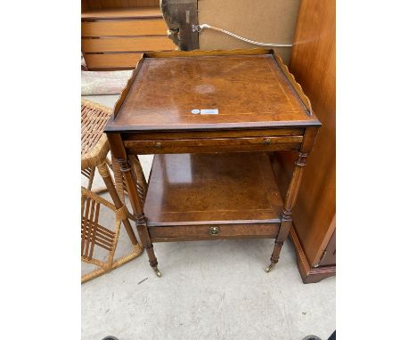A SQUARE INLAID WALNUT SIDE TABLE WITH LOWER DRAWER AND SERVING SLIDE 