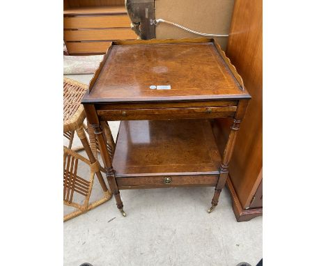 A SQUARE INLAID WALNUT SIDE TABLE WITH LOWER DRAWER AND SERVING SLIDE 