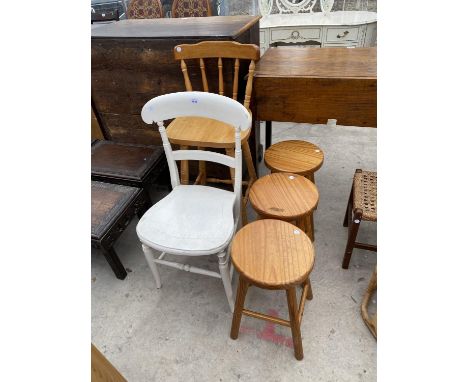 A PAINTED BEDROOM CHAIR, KITCHEN HIGH STOOL AND THREE ROUND PINE STOOLS 