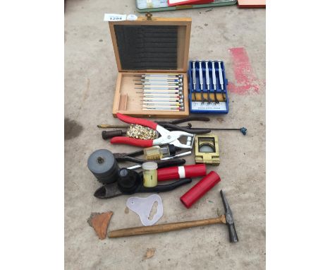 VARIOUS WATCHMAKER'S PARTS AND TOOLS - SCREWDRIVERS, PUNCHES, PLIERS ETC 
