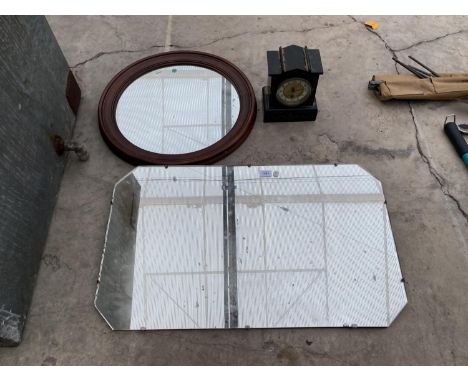 TWO MIRRORS AND A MARBLE MANTLE CLOCK 