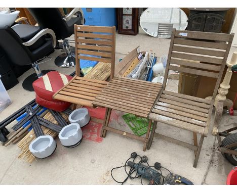 TWO GARDEN CHAIRS AND A TABLE, WINDBREAKS ETC 