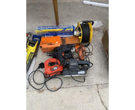 THREE DRILLS, A SANDER, A JIGSAW, EXTENSION CABLE ETC 