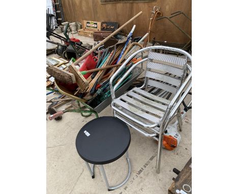 TWO GARDEN CHAIRS, A STOOL AND A LARGE QUANTITY OF GARDEN TOOLS 