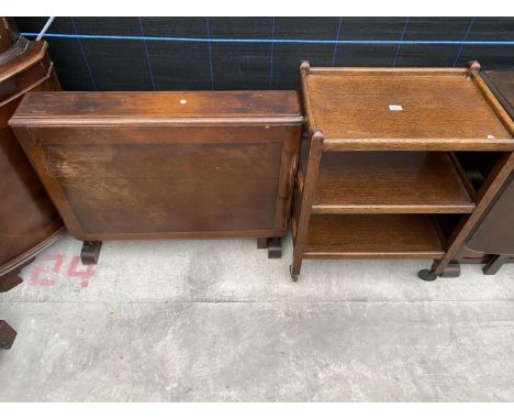 A NARROW OAK DROP-LEAF TABLE AND OAK DINNER TROLLEY 