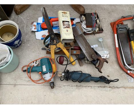 A DRILL, SAWS AND VARIOUS TOOLS 