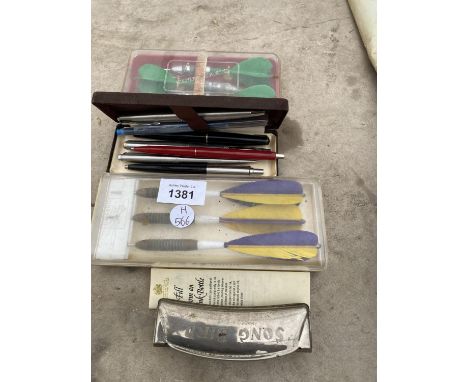 A HARMONICA, TWO SETS OF VINTAGE DARTS AND VARIOUS FOUNTAIN PENS AND BIROS 