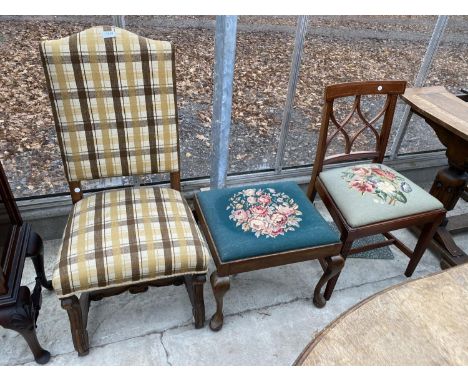 A CABRIOLE LEG STOOL WITH TAPESTRY SEAT, TOGETHER WITH TWO DINING CHAIRS 