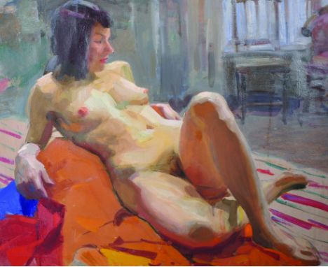 R... Podobedov (20th Century) Russian. A Naked Woman, on a Bed, Oil on Board, Indistinctly Signed and Inscribed verso, 23.75"