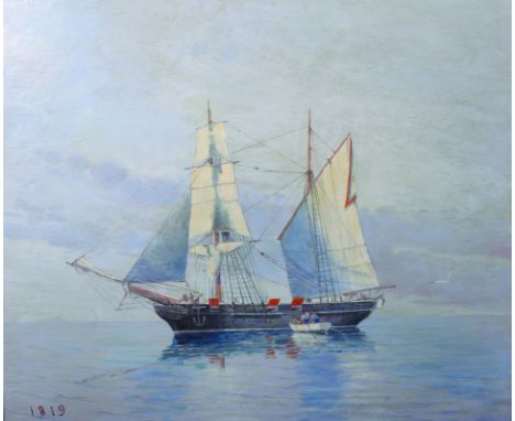20th Century English School. A Ship in Calm Waters, Oil on Panel, Dated '1819', 15"x 17.5".