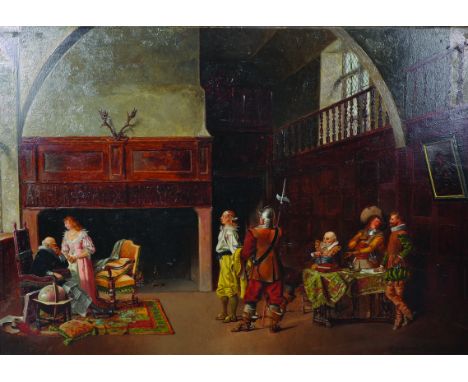 R... W... Warwick (19th Century) British. Interior Scene with Soldiers, Oil on Panel, Signed and Dated 1883, 15" x 21".