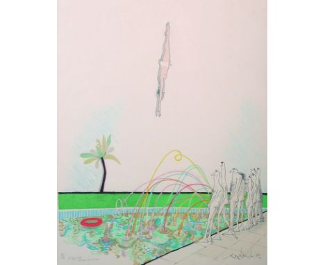 Ronald Searle (1920 - 2011)  British. "A Bigger Splash", 'Homage a David Hockney', Lithograph, Signed, Inscribed and numbered