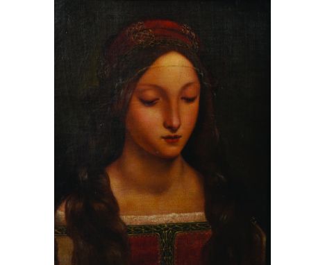 17th Century Italian School. Bust Portrait of a Maiden, wearing Red and White Dress, with Gold Brocaded Edging, Oil on Canvas