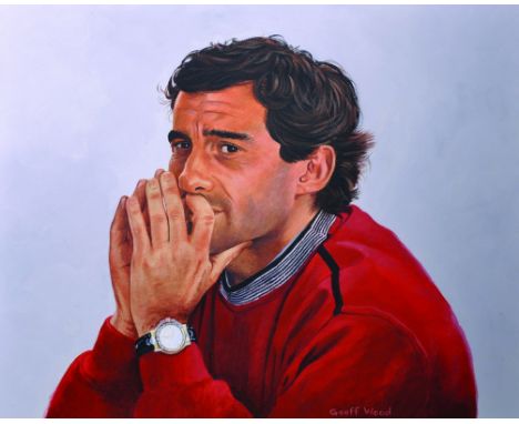 Geoff Wood (20th Century) British. A Portrait of Ayrton Senna (1960-1994), Oil on Canvas, Signed, 20" x 24".