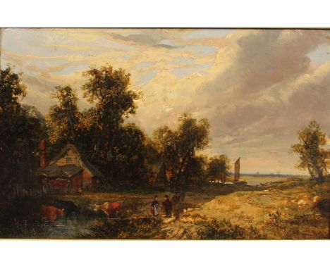 Manner of James Stark (1794-1859) British. A Norwich River Landscape with Figures and Cattle, Oil on Panel, 9" x 13".