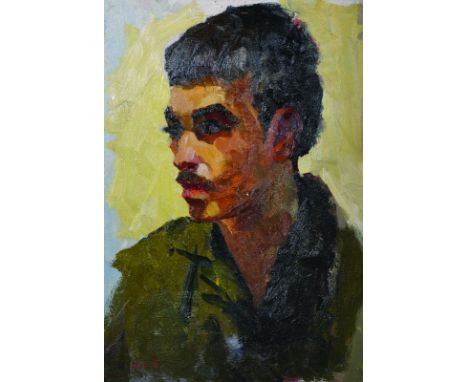 20th Century Russian School. Bust Portrait of a Young Man, Oil on Board, Signed with Initials in Cyrillic, 19.5" x 13.5".