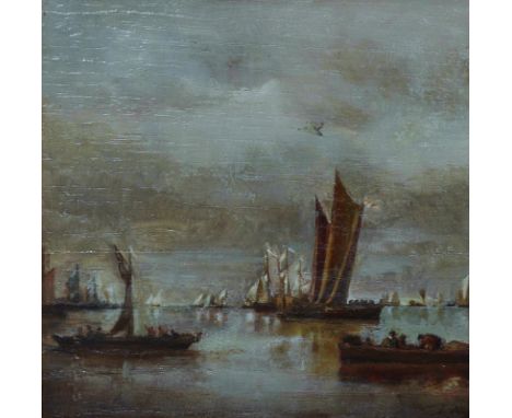 19th Century Dutch School. Ships in Calm Waters, Oil on Panel, 7" x 7".