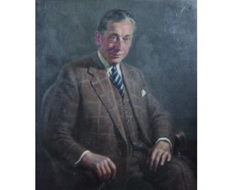 20th Century English School. Portrait of a Seated Man, wearing a Brown Suit, Oil on Canvas, Indistinctly Signed, 30" x 25".