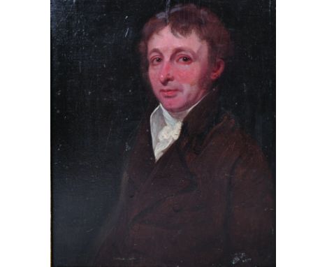 19th Century English School. Portrait of a Man, in a Brown Coat, Oil on Panel, 8" x 6.75".