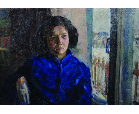 20th Century Russian School. Portrait of a Young Girl, Looking Pensive, Oil on Canvas, Unframed, 23.5" x 31.5".