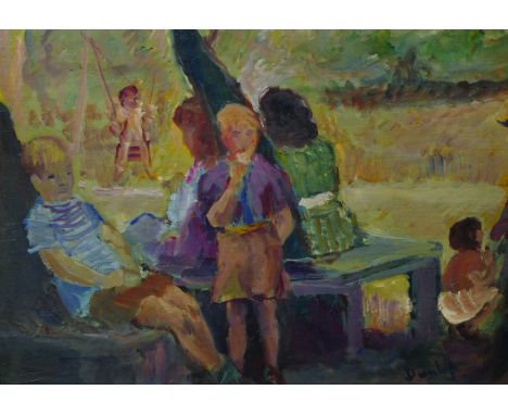 Ronald Ossory Dunlop (1894-1973) British. Children Resting by a Tree, in a Playground, Oil on Panel, Signed, 13" x 17.5".