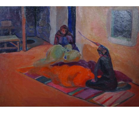 20th Century Russian School. Ladies Beating A Carpet, Oil on Canvas, Indistinctly Signed in Cyrillic on reverse, 23.5" x 31.5