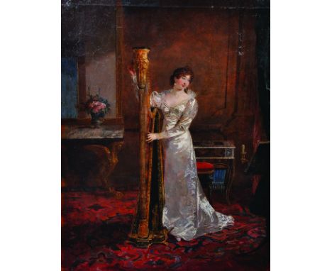 19th Century French School. Interior with an Elegant Lady Playing a Harp, Oil on Panel, Indistinctly Signed and Dated, Unfram