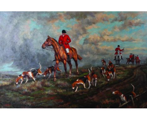 20th Century Continental School. A Hunting Scene, with Horses and Dogs on a Track, Oil on Canvas, Indistinctly Signed, Unfram