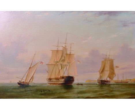 William Frederick Settle (1821-1897) British. Naval Warships off a Coast, Oil on Panel, Signed with Initials, and Dated 1859,