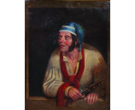 Attributed to William Kidd (1790-1863) British. Portrait of a Man, with a Gun, Oil on Board, 14.5" x 11.5".