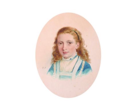 J... P... (19th Century) British. Portrait of a Young Girl, wearing a Blue and White Dress, Watercolour, Signed with Initials