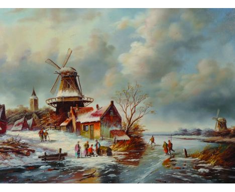 H... Hess (20th Century) Dutch. A Winter Scene with Figures Skating, Oil on Panel, Signed, 12" x 16".